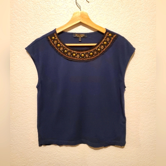 💚5/$25 Juicy Couture Embellished Neck Navy Blue Shell Top Size XS - Picture 1 of 5